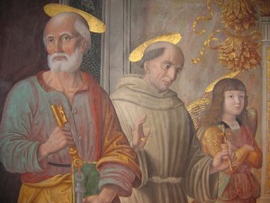 Giovanni Santi, Cappella Tiranni, San Pietro, San Francesco e angelo (Raffaello), 1490 ca 