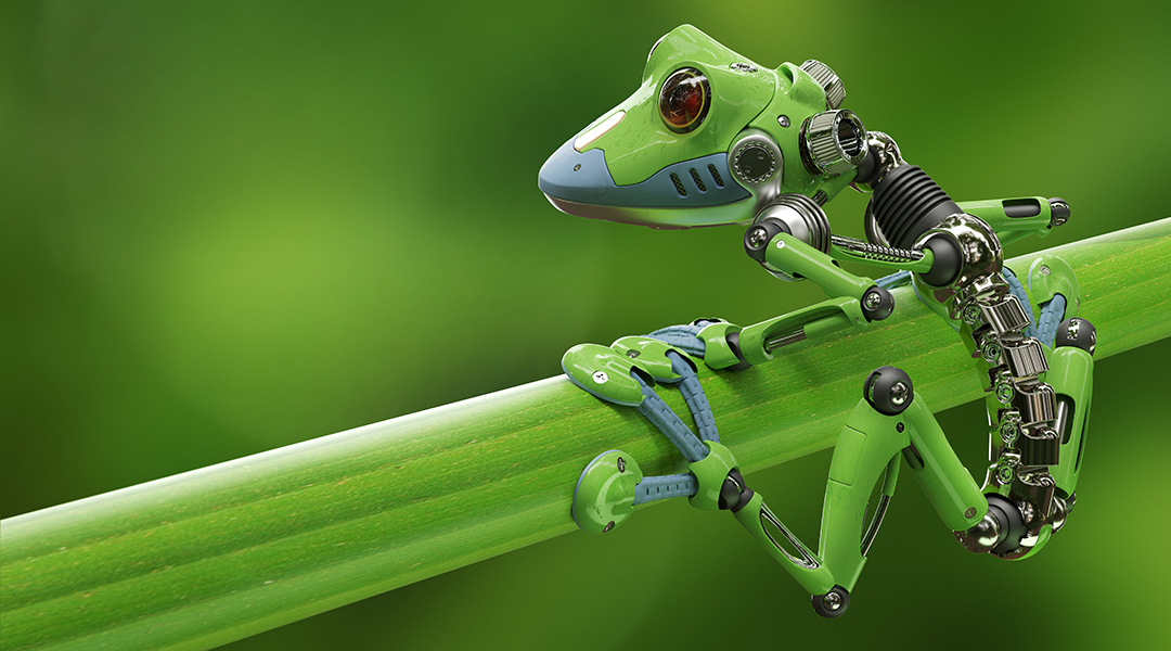 3D render of a robot treefrog on a branch